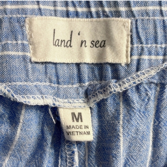 LAND N SEA Blue White Striped Linen Blend Pull On Capri Pants Button - Picture 5 of 10